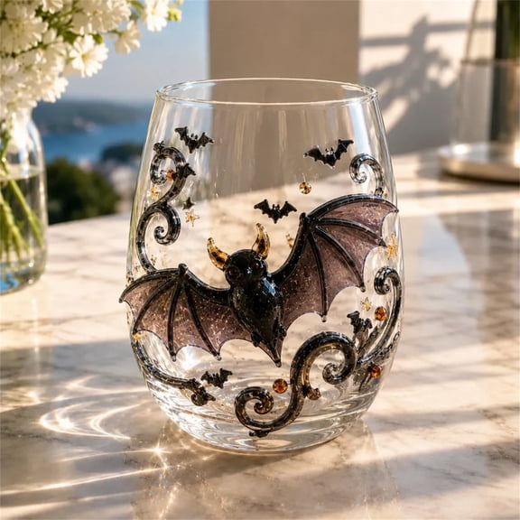 1PC Halloween Drinking Glass,2D Black Bat Printed Design Gothic Decor Tumbler,Stemless Glass Drinking Glass for Halloween Parties and Holiday Gatherings.