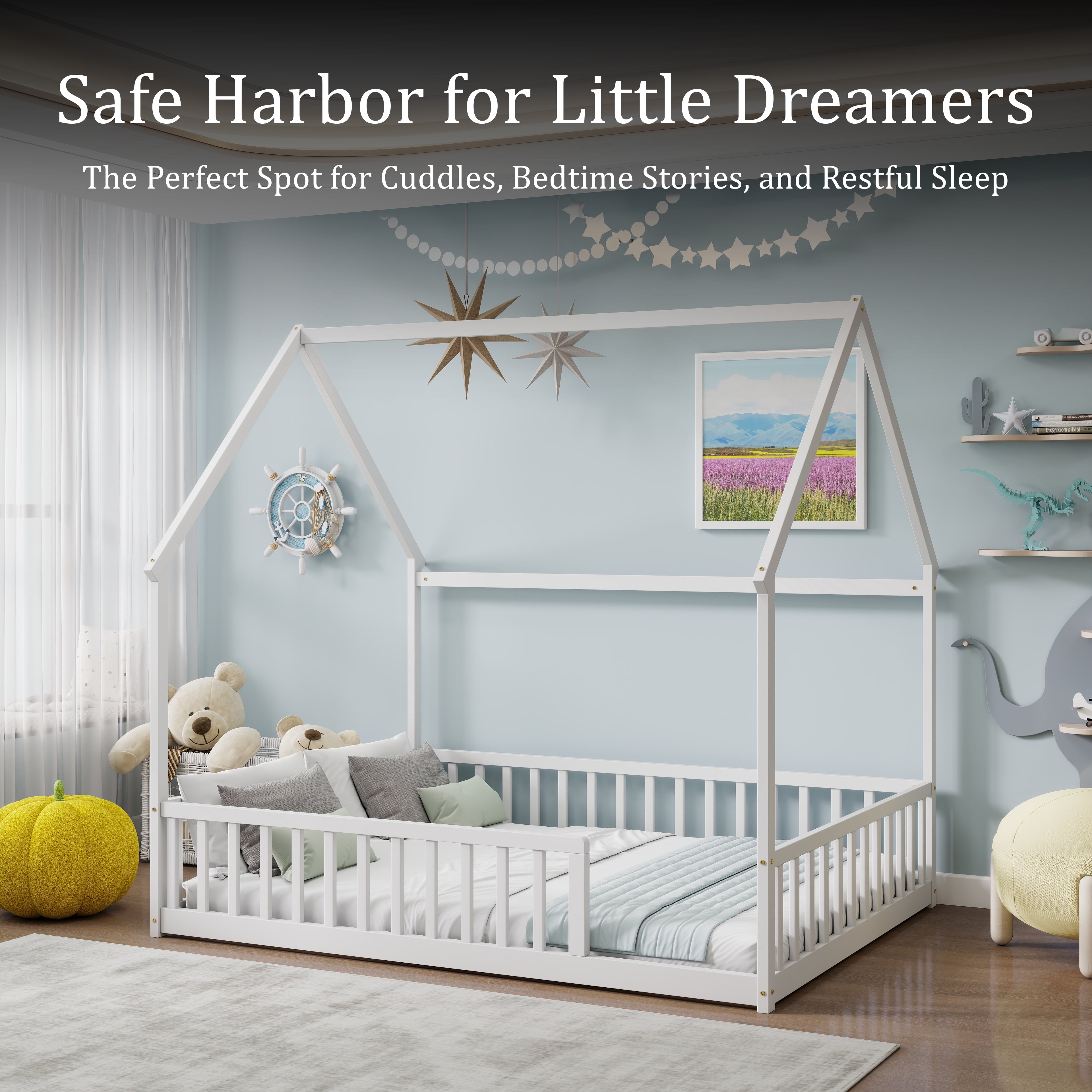 Full Size House Floor Bed with Full Surround Safety Fence, Solid Pine Wood Montessori Kids Playhouse Bed Frame Max 300 LBS No Box Spring Needed for Toddler Bedroom Nursery
