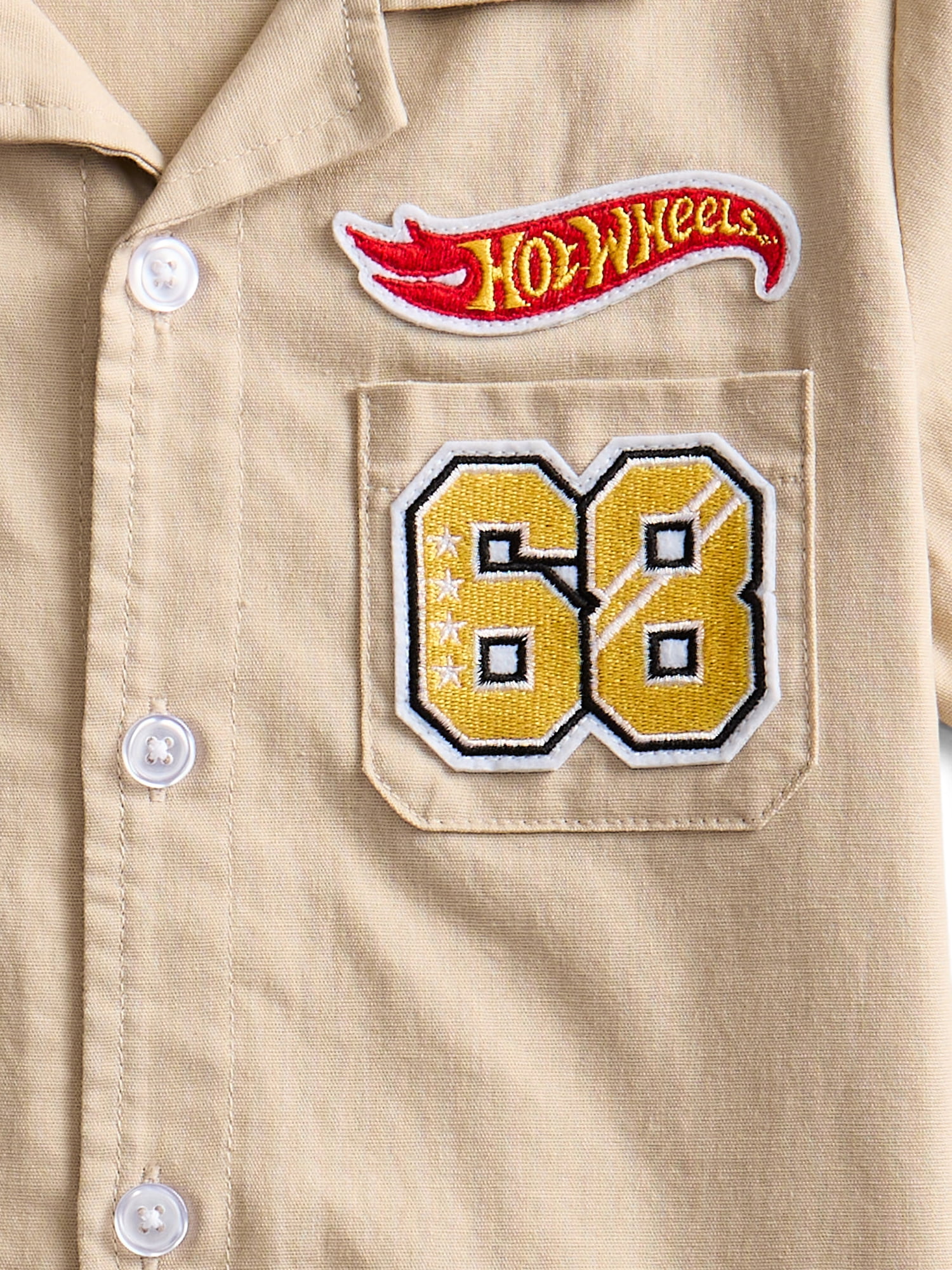 Hot Wheels Toddler Boys Short Sleeve Cotton Button Down Work Shirt with Patches, Sizes 12M-5T