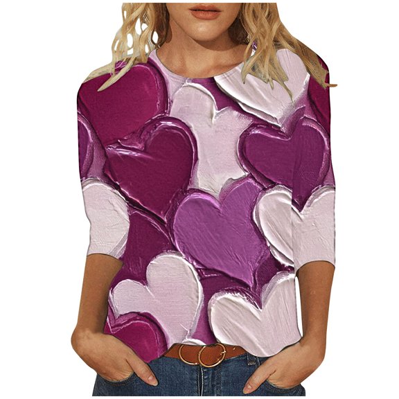 Plus Size 3/4 Sleeve Tops for Women Fashion Cute Heart Graphic Tee 3D Print Valentine's Day Tshirts