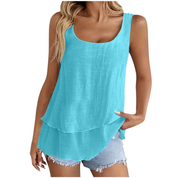 Besolor Summer Tank Tops for Women Crewneck Sleeveless Top T-Shirt Double Layer Casual Loose Breathable Beach Tanks
