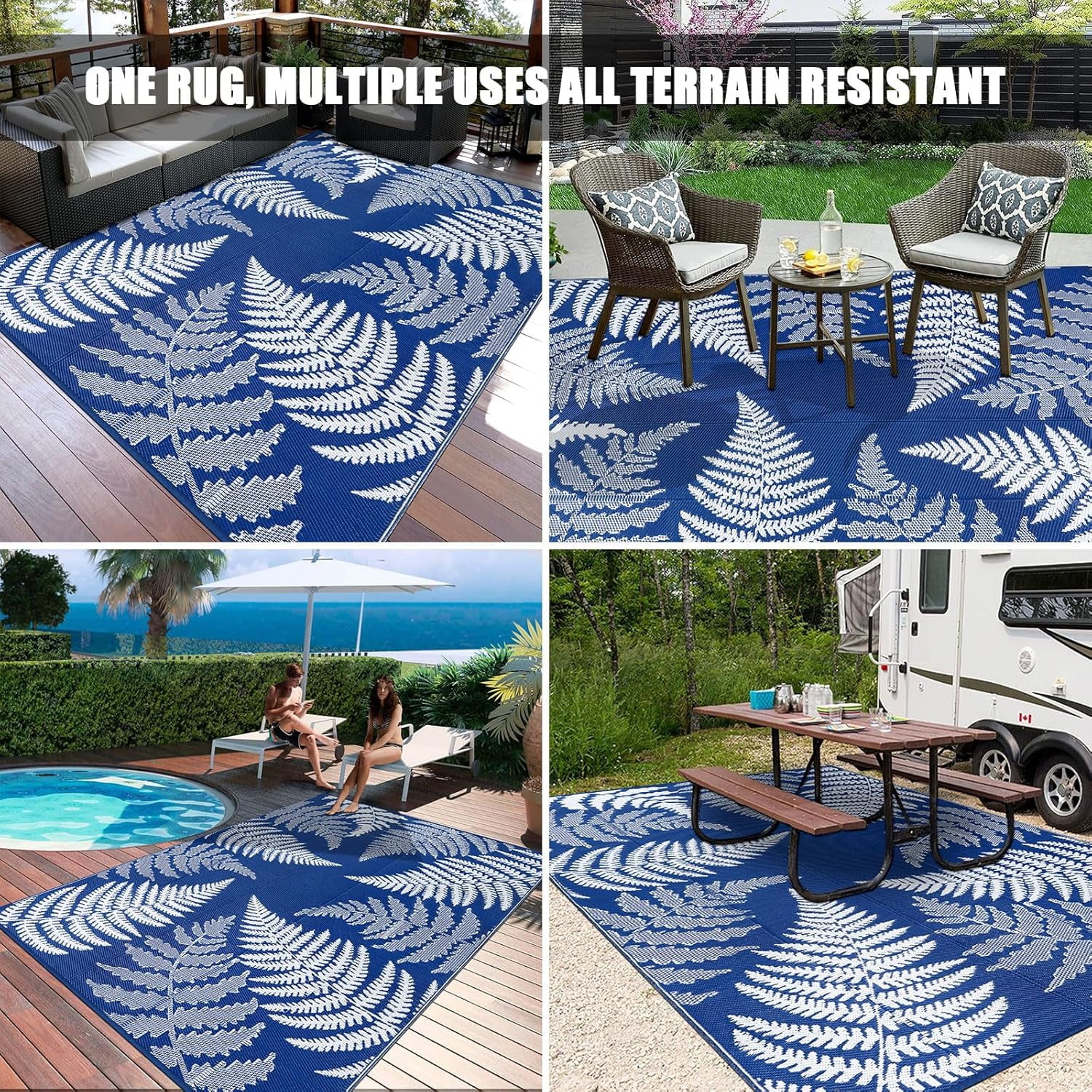 9'x12' Outdoor Rugs for Patios, Yamaziot Patio Rug RV Mat, Waterproof Reversible Plastic Straw Camping Rug for Deck Porch Balcony Blue Beach Blanket