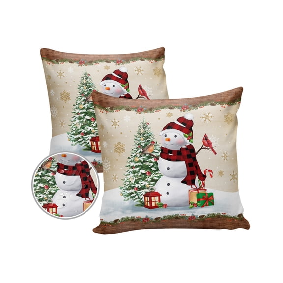 Pack of 2 Outdoor Pillow Covers, Christmas Snowman Cardinal Bird Wood Grain Khaki Texture Waterproof Square Throw Pillowcase Cushion Decorative Pillow Covers for Couch Patio Tent, 18x18 in