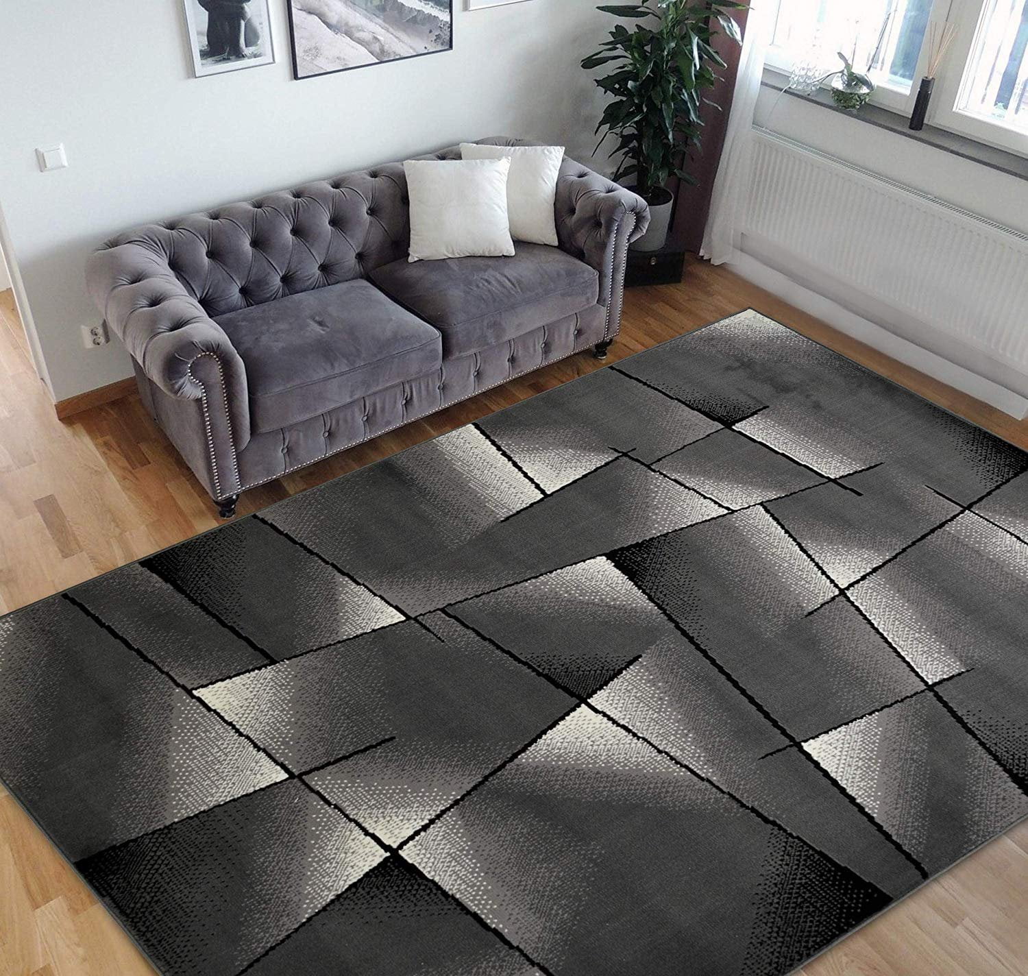 Triangle Pattern Rug Geometric Contemporary Black & Grey Carpet Comfy