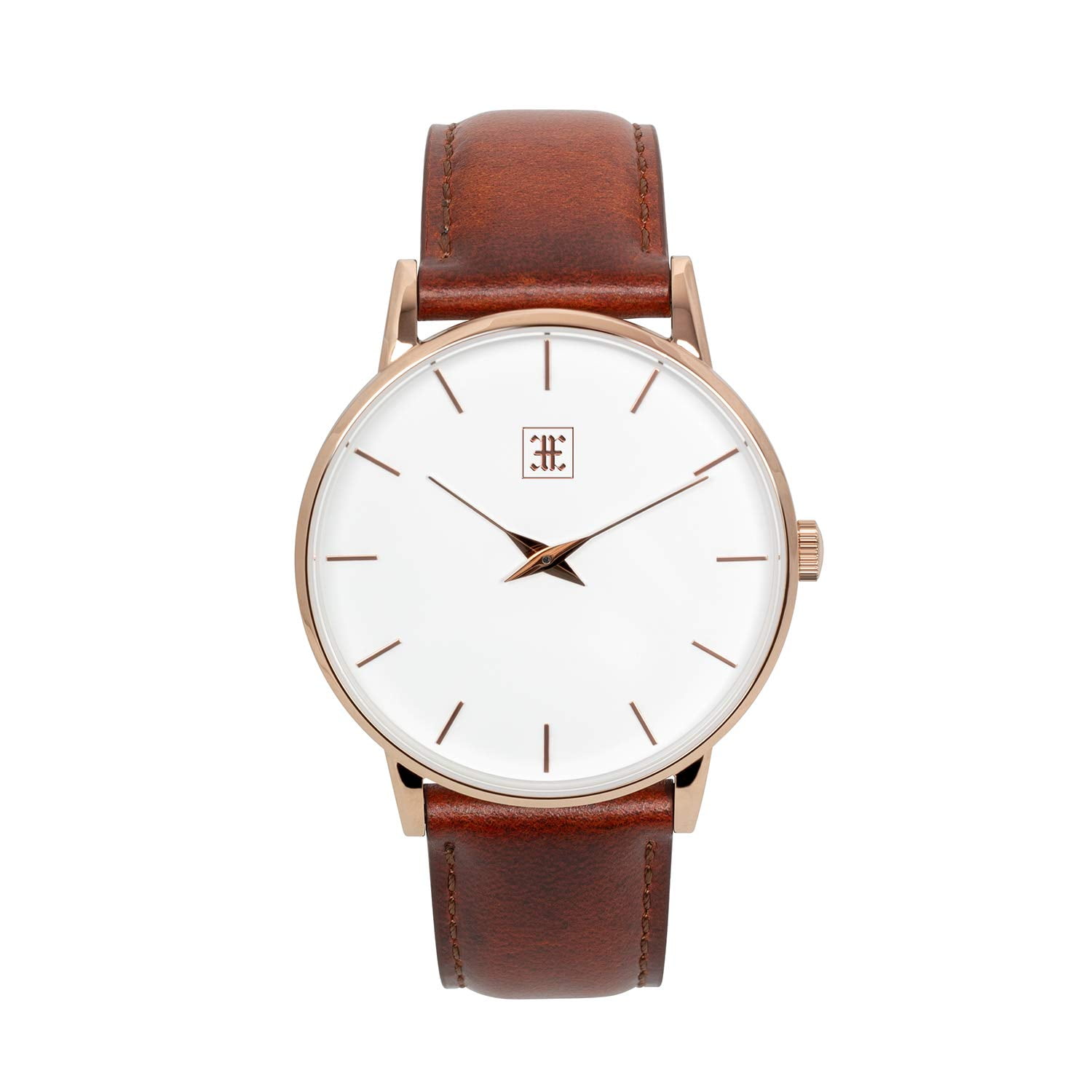 mens gold face brown leather strap watch