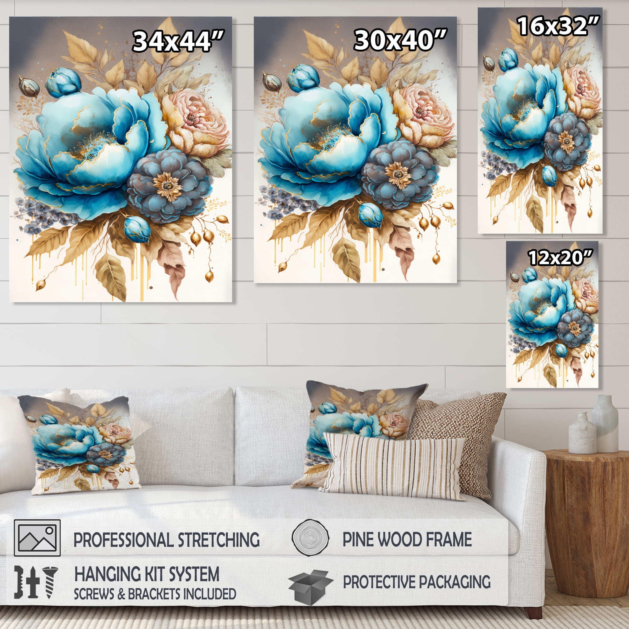 Designart Blue And Gold Mixed Floral Bouquet I Canvas Wall Art
