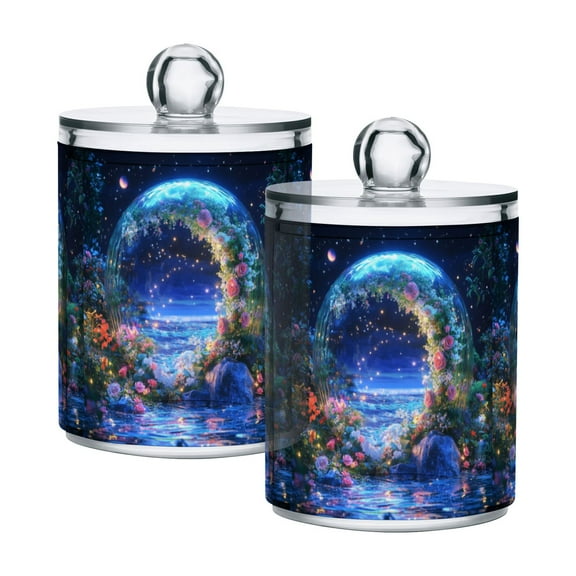 Yayeee 2 Pack Qtip Holder Bathroom Cotton Swab Canister with Lid Clear Dispenser Set, Beautiful Floral Moon