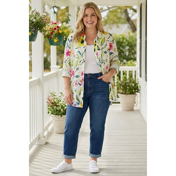 Woman Within Plus Size Crinkle Button-Front Shirt