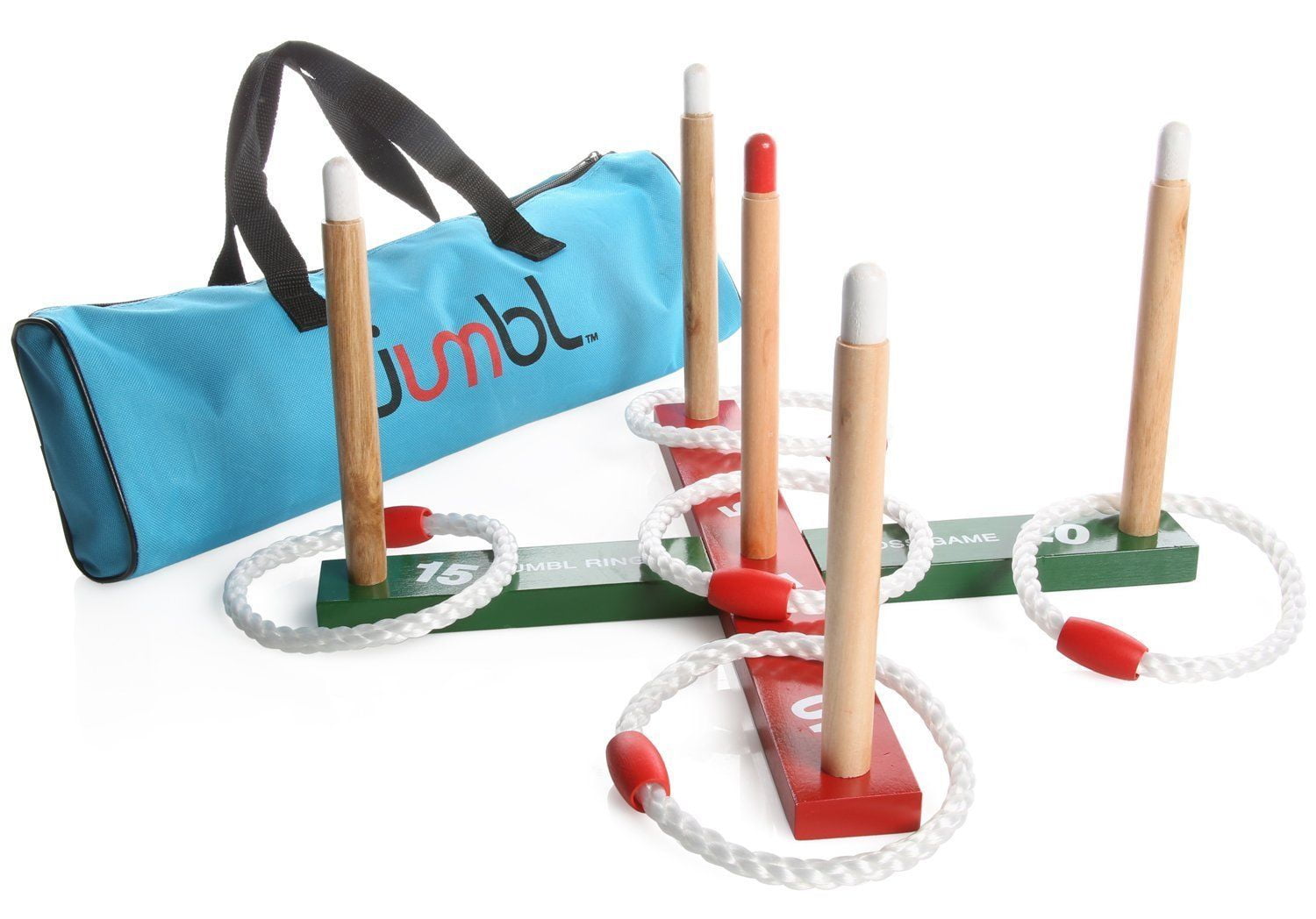 Jumbl Ring Toss Quoits Game For Kids and Adults “ Includes Wooden Ring Toss Target Rack, 5 Rings and Carry Bag by
