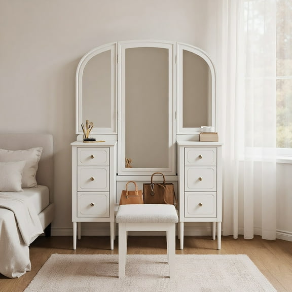 Spaco Antique Makeup Vanity Desk with Triple Mirror, 6-Drawer Dressing Table Set with Stool, Full Length Mirror for Indoor as Bedroom, Living Room, White