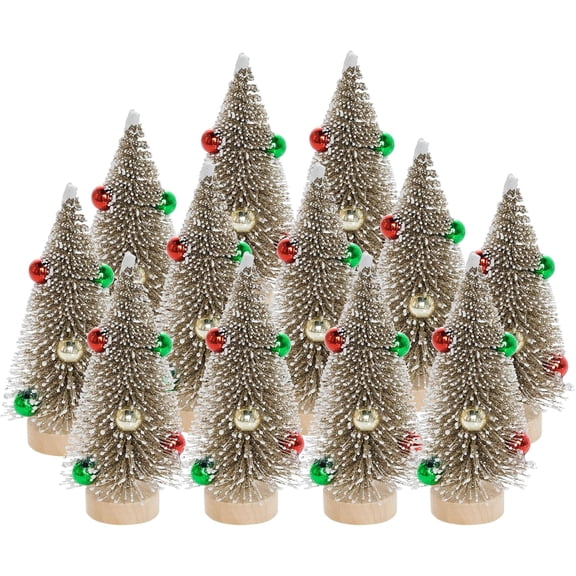 12Pcs Mini Christmas Trees Small Sisal Trees Mini Pine Trees with Wood Base Mini Bottle Brush Trees Artificial Mini Christmas Trees Assorted Color for Christmas Winter Decoration