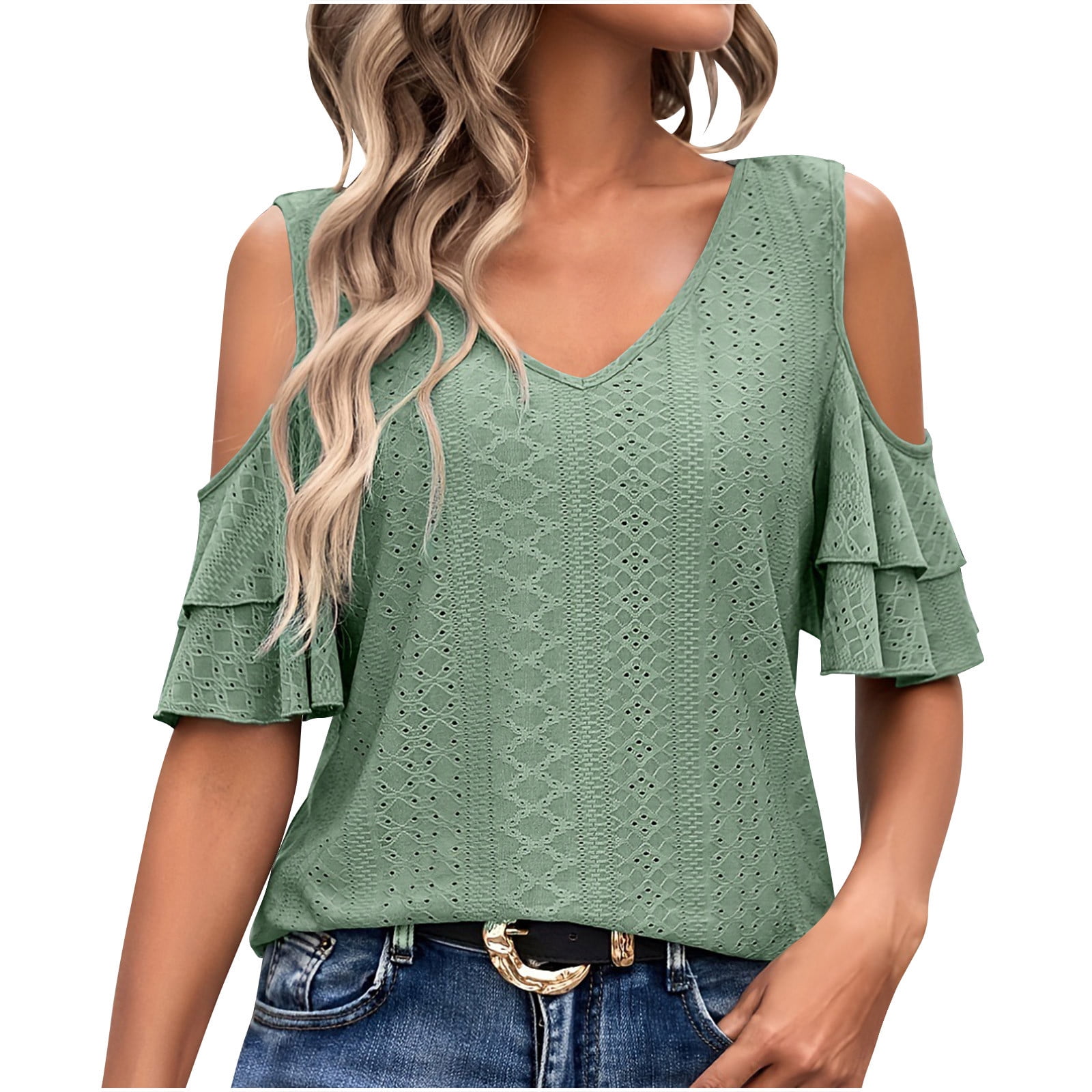 AherBiu Beach Tops for Women Eyelet Layered Ruffle Sleeve Cold Shoulder V Neck Summer Boho Shirts Blouse