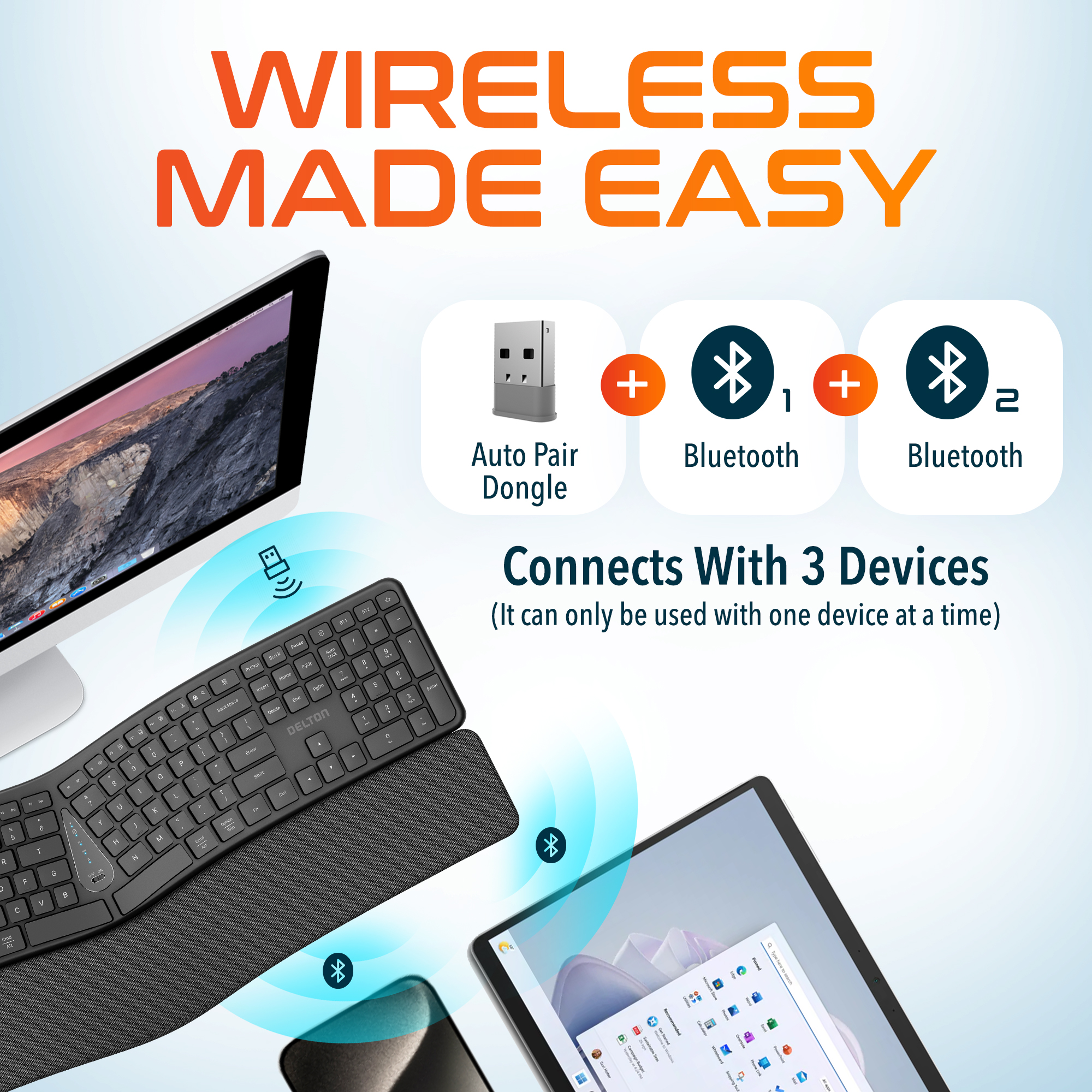 Delton KB250 Ergonomic Wireless Keyboard with Cushioned Palm Rest, Natural Typing Full-Size Rechargeable Keyboard, Bluetooth & USB Connectivity, Compatible for Laptop/PC/Tablets/Smartphone - Black