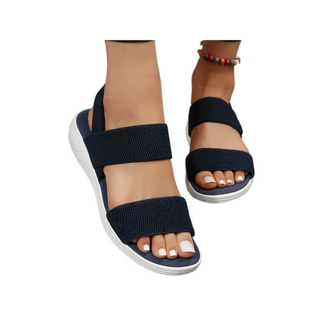 

Ritualay Womens Flat Sandal Wedge Sandals Ankle Strap Casual Shoes Lightweight Elastic Band Women Ladies Beach Blue 6.5