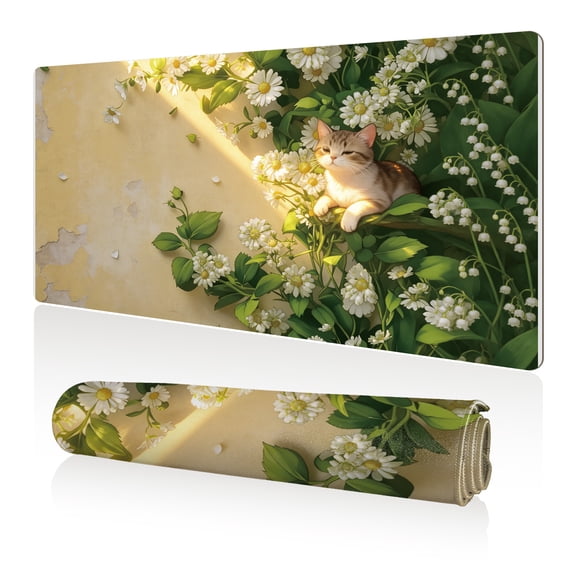 LIVEKEY Mouse Pad 80x40cm Extra Large Non Slip Stitched Durable Easy Clean Cute Cat Daisy Flowers Green Leaves for Gaming Office