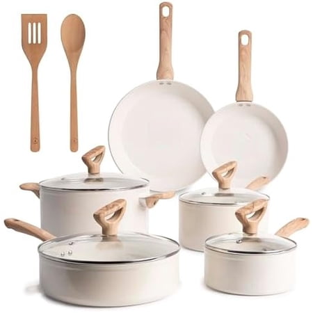 Revive Ceramic Nonstick Cookware Set, Oven Safe Up to 350ºF, 12-Piece, Includes Stockpot, Saucepan, Skillet, Frying Pans, Utensils, Ceramic Pots and Pans Set, Beige Granite