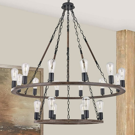 Vanity Art 18 Lights Wagon Wheel Chandelier Lighting Farmhouse Candle 2 Tier Ceiling Light Fixtures for Living Room Kitchen Dining Room MLT5218LT-DW-BK