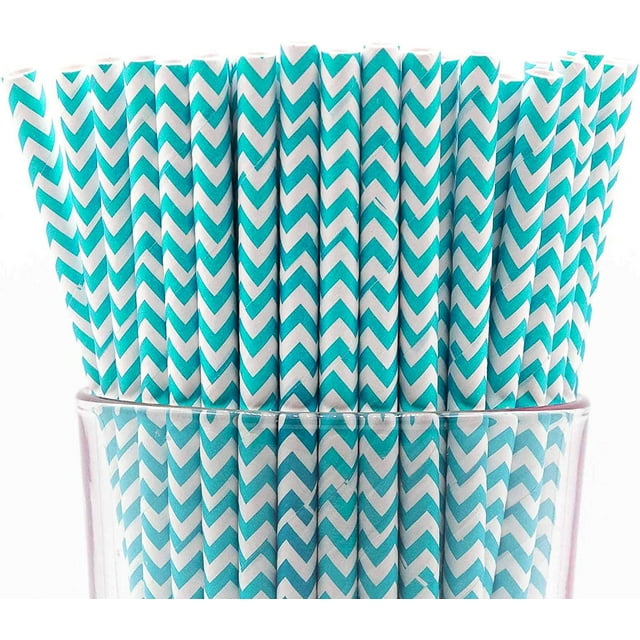 Pack of 150 Turquoise Chevron Biodegradable 4-Ply Paper Drinking Straws (Compostable, Non-toxic, BPA-free)