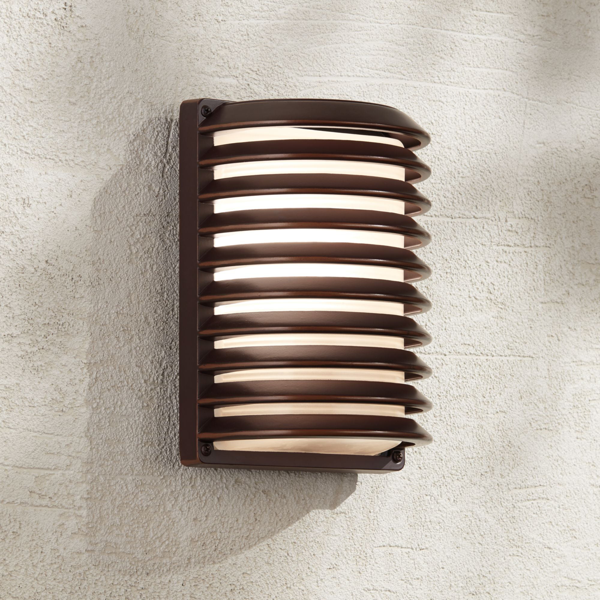 John Timberland Modern Outdoor Wall Light Fixture Rubbed Bronze 10" Banded Grid Frosted Glass