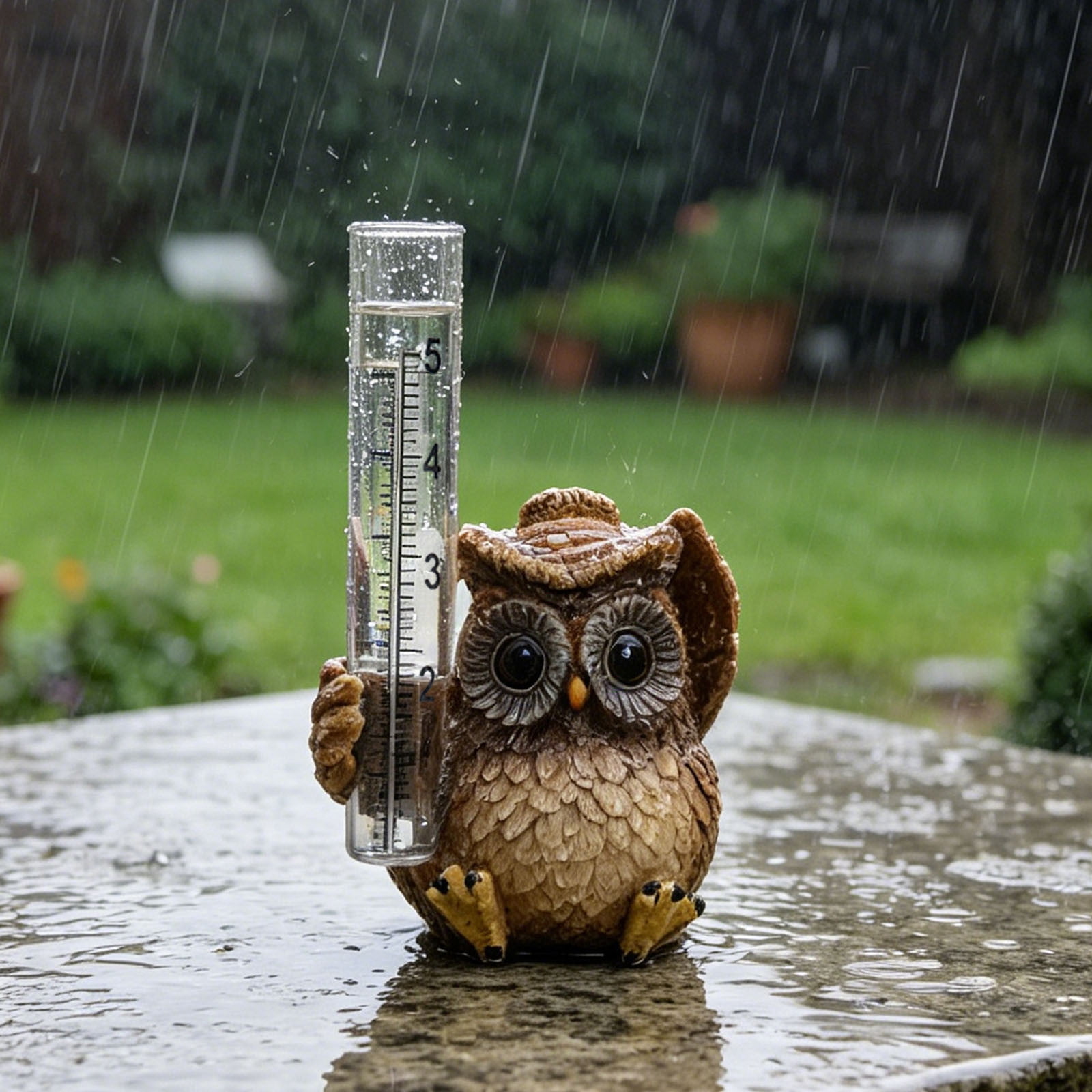 Owl Rain Gauge Garden Statue 5.3 Inch Resin Rain Gauge with Transparent Tube Weatherproof Outdoor Yard Ornament for Patio Lawn Garden
