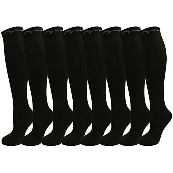 8 Pair Pack Knee-High Youth Compression Socks for Athletics; Basketball, Baseball, Softball, Soccer, Football, Running, Cross Country, MTB, Sports. Gift Set; All Black, Fits ages 9-16