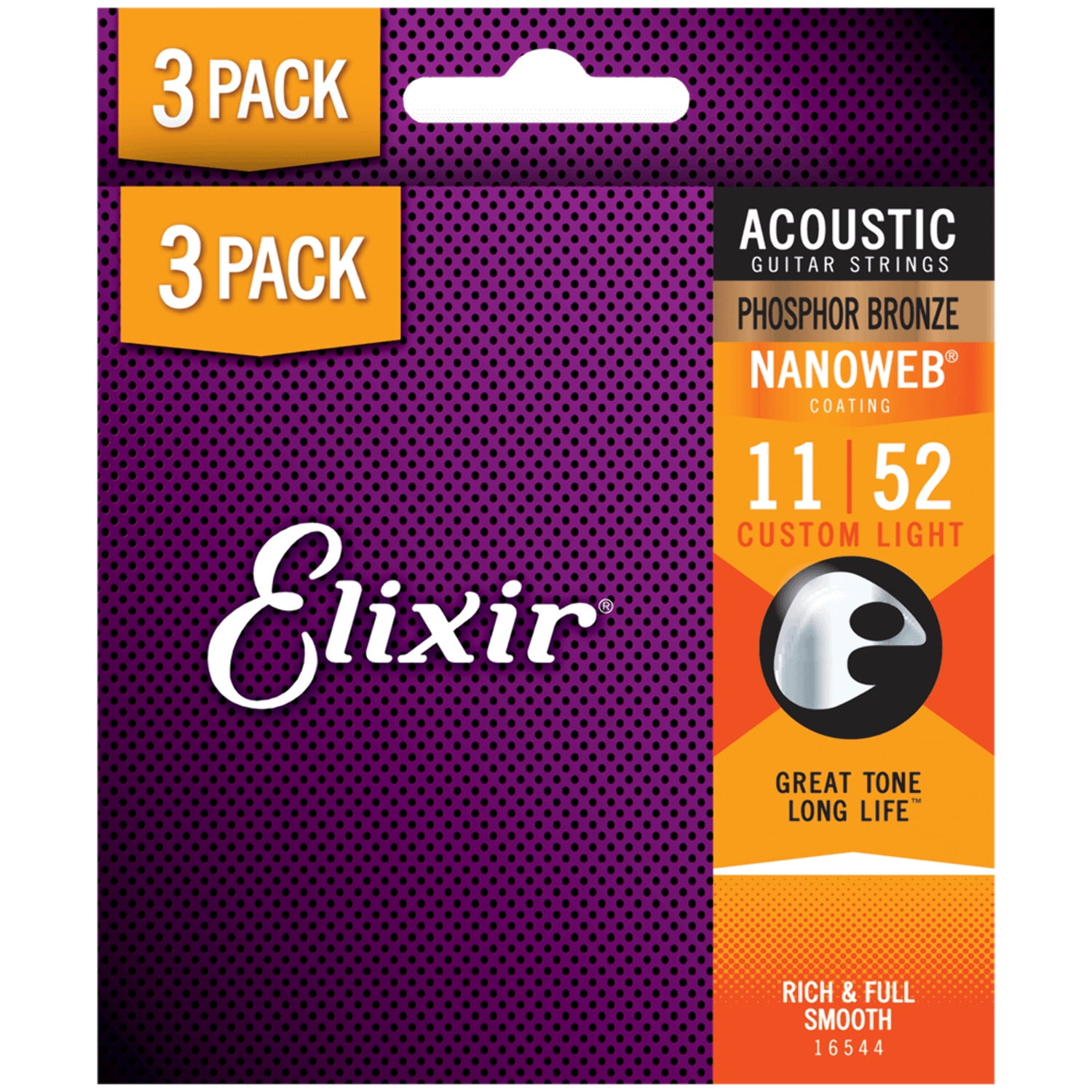 Elixir #16544 Nanoweb Phosphor Bronze Acoustic Guitar Strings .011-.052 - 3-Pack
