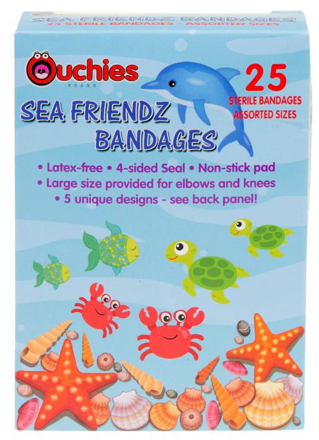 Ouchies Sea Friendz Triple Pack First Aid Hot Cold Ice Pack 25 ct Assorted Bandages and Forehead Thermometer Strips for Kids