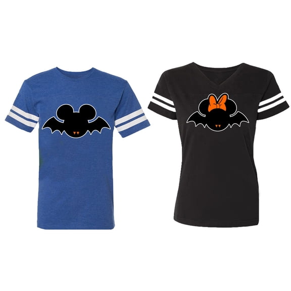 Halloween Bat Matching Couple Cotton Jerseys (Men Royal / Women Black) (Men S / Women S)