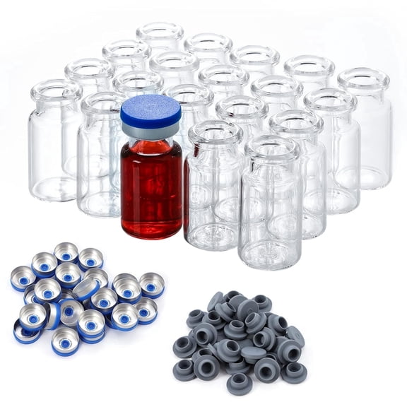 FOUR E's Scientific 200Pack 10ml Glass Vials, Clear Glass Headspace Vials with Plastic-Aluminum Flip off Caps and Rubber Stoppers