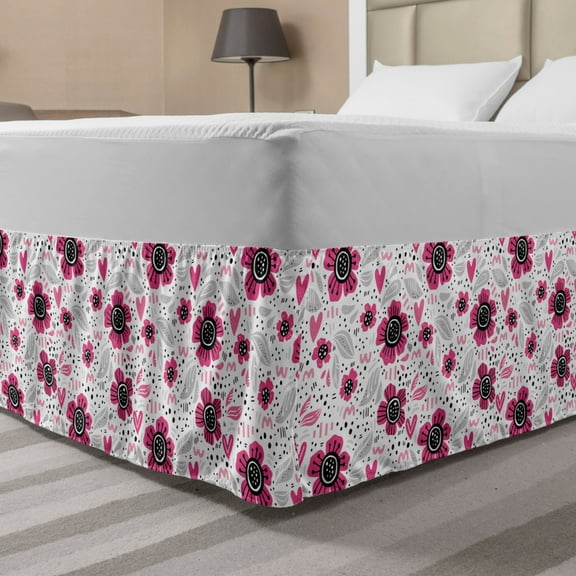 Floral Bed Skirt, Cartoon Illustrated Pinkish Flowers Drawing Leaves Blots and Dots Composition, Elastic Bedskirt Dust Ruffle Wrap Around for Bedding Decor, 4 Sizes, Grey and White, by Ambesonne