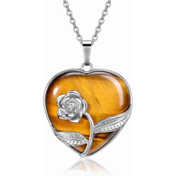 Woeilo Rose Flower Wrapped Crystal Heart Necklace Love Heart Natural Gemstone Healing Stone Pendant Necklaces Natural Spiritual Quartz Jewelry for Women Valentines Birthday Gifts Tiger Eye