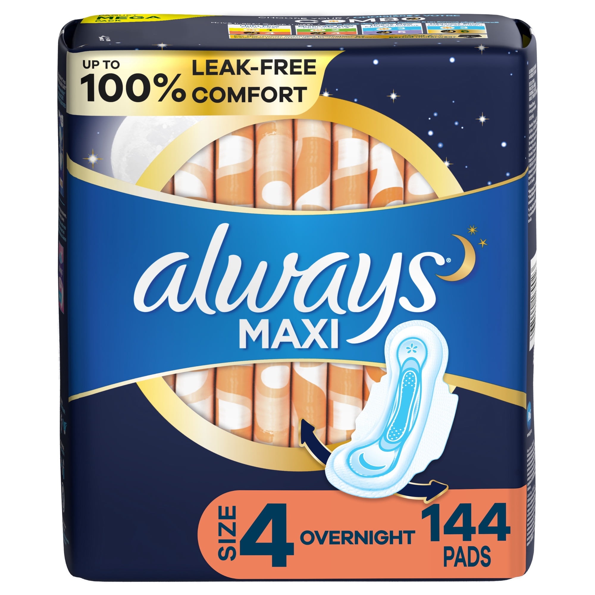 Always Maxi Overnight Pads with Wings, Size 4, Overnight, Unscented, 144 Ct