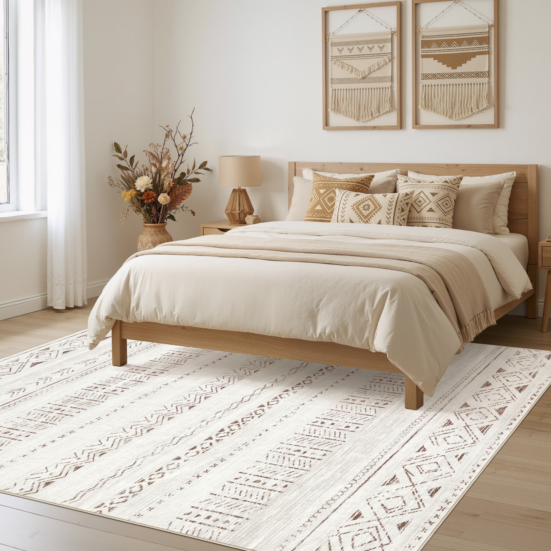 UERMEI 5'x7' Area Rugs for Living Room, Washable Rugs Boho Moroccan Area Rug Soft Neutral Geometric Bohemian Carpet Distressed Indoor Rug for Bedroom Dining Room Office Foldable Nonslip Rug, Brown