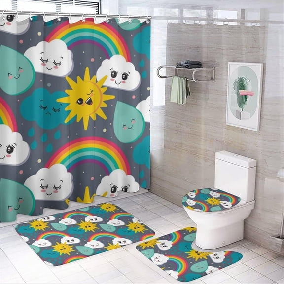 4 Piece Bathroom Set with Shower Curtain Non-Slip Rugs Toilet Lid Cover and Bath Mat, Sun Rainbow & Clouds Shower Curtains with 12 Hooks, Shower Curtain Sets with Rugs, 71 X 71 Inch
