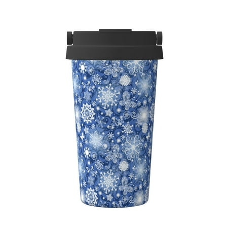 

Hirioo whiet Snowflake blue background for Coffee Travel Mug Insulated Coffee Mug with Lid