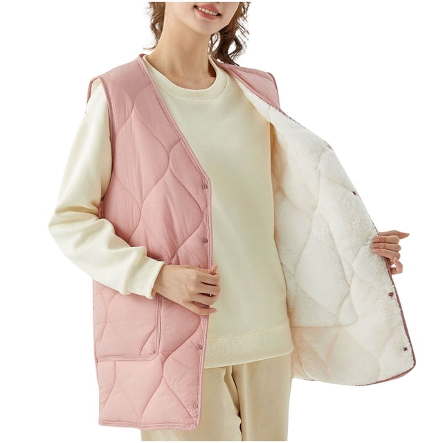 EGNMCR Women's solid color down with thick velvet insulation medium to long sleeveless jacket Womens polyester top