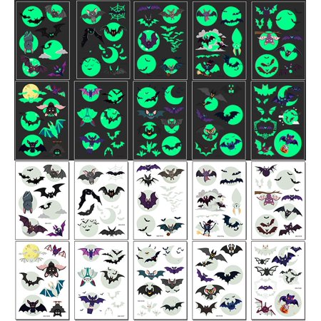 10 Sheets Temporary Tattoos for Kids, 73PCS Luminous Halloween Bat Theme Glow in the Dark Fake Tattoos, Body Stickers Decorations, Halloween Face Makeup Holiday Party Favors Gifts for Adults Teens Bat