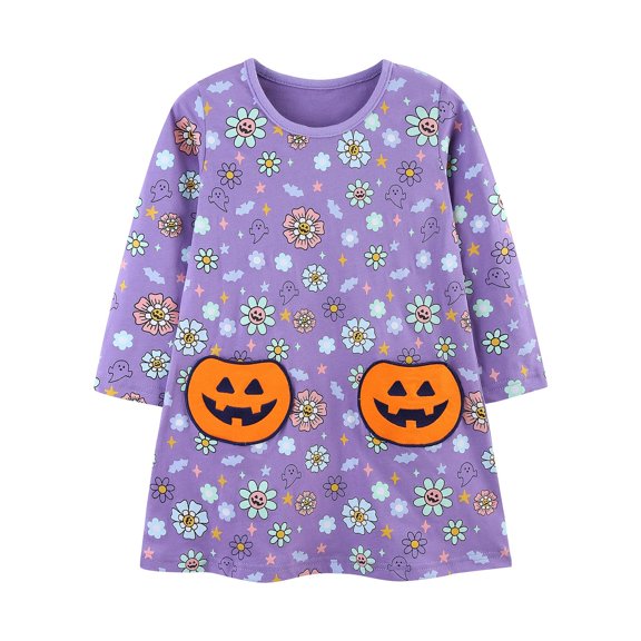 HNMKIU Halloween for Girls Halloween Dress Long Sleeve Round Neck Floral Print Fall Winter Party Outfit Casual Comfortable Kids Clothing Purple - 4-5 Years