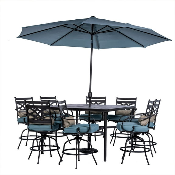 Hanover Montclair 9-Piece High-Dining Set in Ocean Blue with 8 Counter-Height Swivel Rockers, 60-In. Square Table and 11-Ft. Umbrella