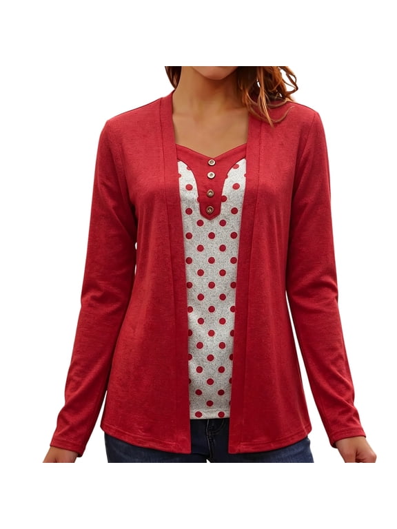 Women's Casual V Neck Fake Two Piece Long Sleeve Top, Decorative Button Striped Spliced Loose Tunic Blouse, Lightweight Knit Layered Look Shirt,Red 3XL