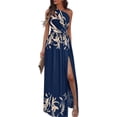 thumbnail image 4 of Vestido de noche sin mangas con corte fruncido y cintura alta, con un hombro y abertura lateral, dobladillo floral, color sólido, 4 of 5