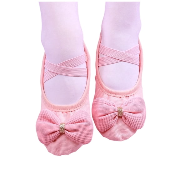 Xfvqtps Ballet Shoes for Girls Soft Sole Non Slip Cross Elastic Straps Bow Canvas Dance Shoes for Gymnastics Performance Pink
