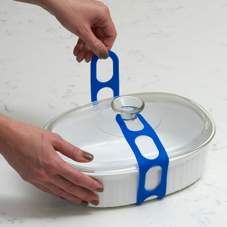 Lid Latch the reusable universal lid securing strap for crockpots,  casserole dishes, pots, pans and more. Make it easy to transport your  favorite