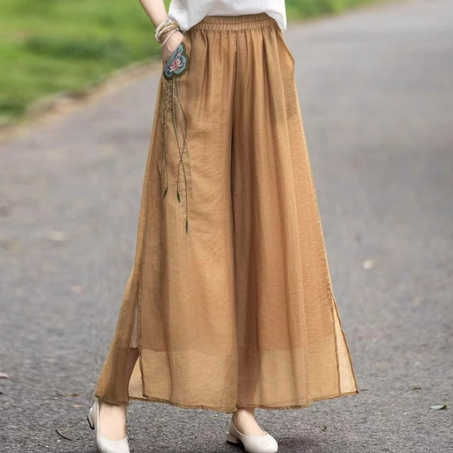 Ailaofu Women's Loose Fit Double Layered Side Slit Chiffon Pants for Dance Training
