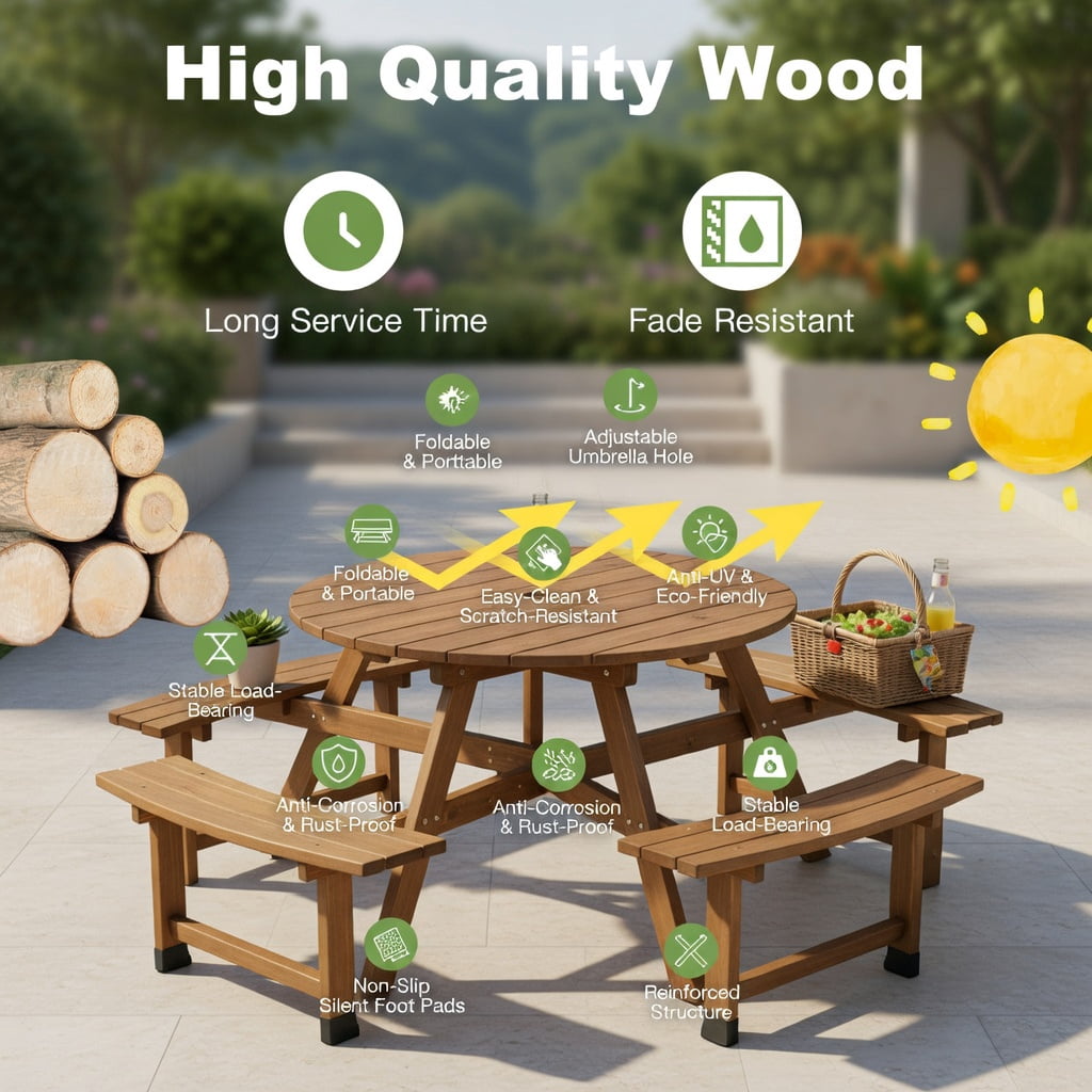 Hommoo 6-Person Round Wooden Picnic Table with Umbrella Hole, Outdoor Patio Table with 3 Built-in Benches, Rustic Solid Wood Design for Backyard, Garden & Deck, Dark Brown