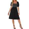 thumbnail image 1 of Vestido Smocked Inspire Chic para mujer con escote cuadrado, mangas cortas abullonadas y volantes, vestido de verano S negro, 1 of 6