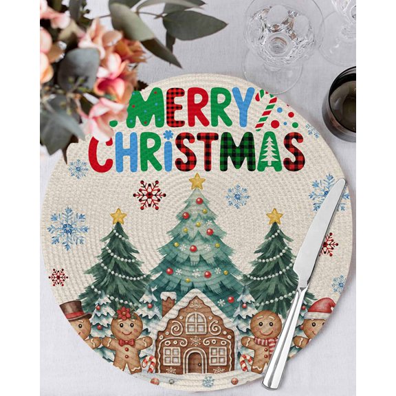 13 Inch Round Placemats Set of 4, Gingerbread Christmas Non Slip Heat Insulation PP Table Mats, Xmas Tree Snowflake Rustic Washable Place Mats for Kitchen Dining Party Table Decor
