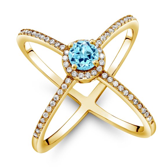 Gem Stone King 1.31 Ct Round Blue Apatite 18K Yellow Gold Plated Silver Criss Cross X Ring (Size 5)