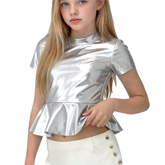 UQJfacai Girls Shirts Metallic Shiny Crop Tops Summer Short Sleeve T Shirt Hip Hop Dance Peplum Hem Mock Neck Tees 2-14 Years