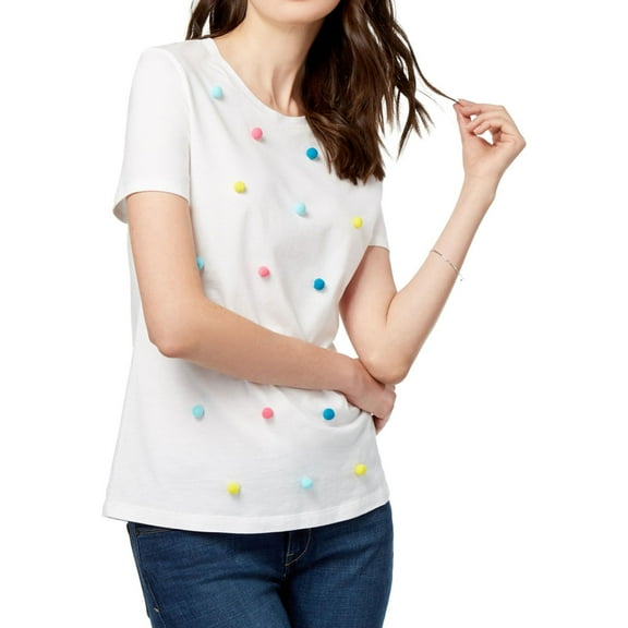 Carbon Copy Womens Pom Pom Basic T-Shirt, White, Small
